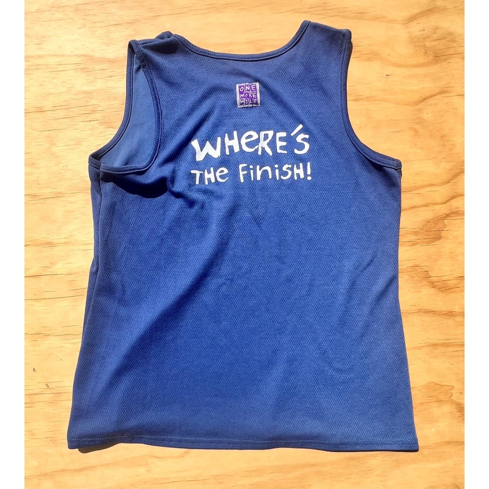 One More Mile Womens WTF Where's The Finish Running Tank Top Blue Medium Singlet - Picture 3 of 5
